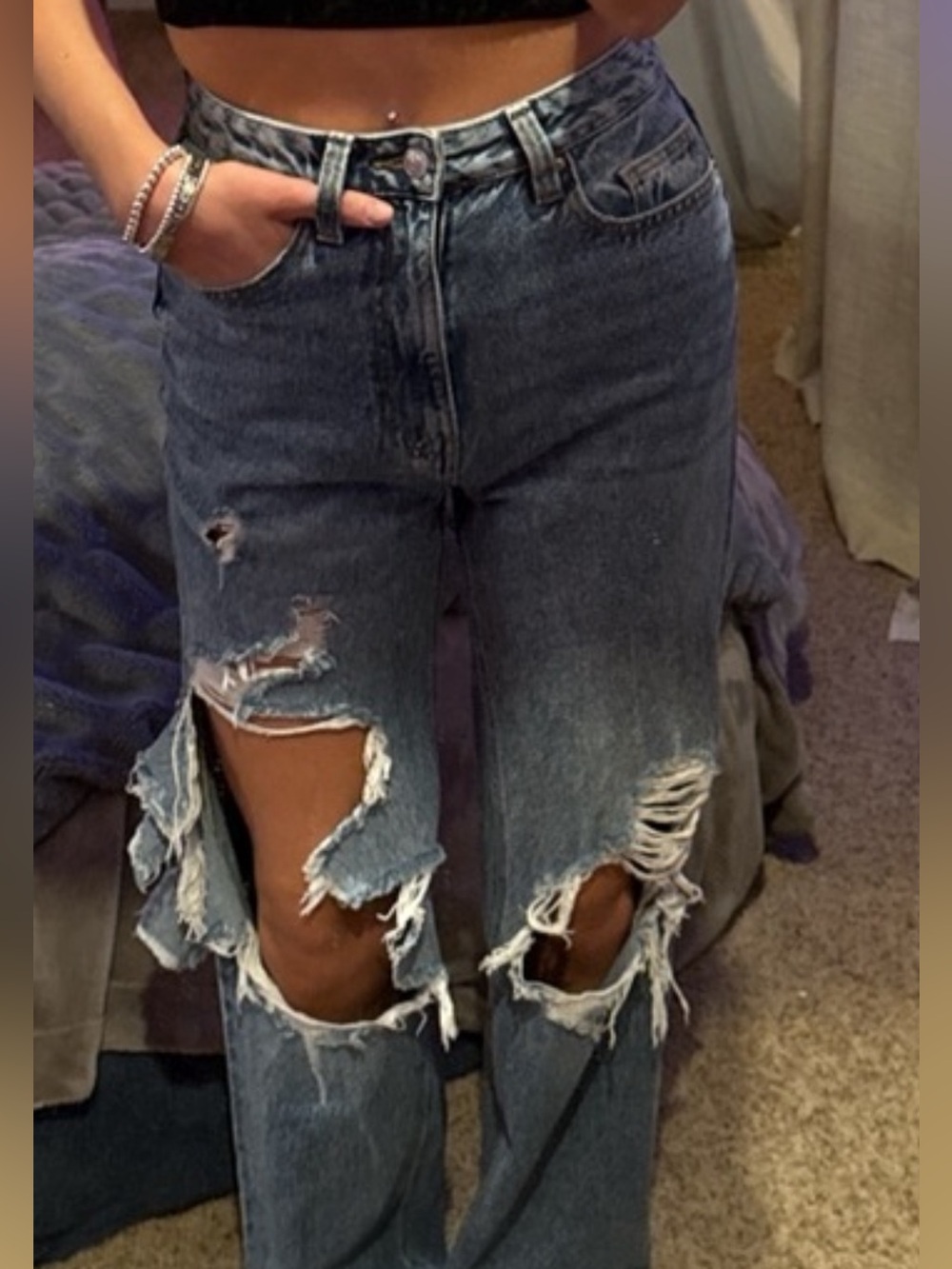 PacSun Distressed Boyfriend Jeans in Dark Blue Wash